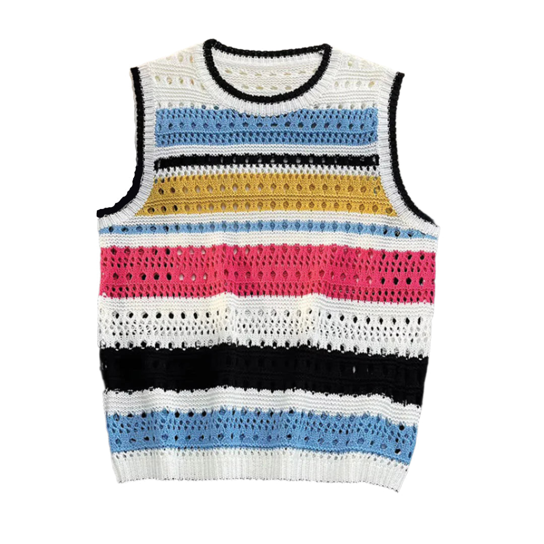 Gilet Tricoté À Rayures Multicolores En Coton Et Acrylique Avec Motif Crochet Inspiré