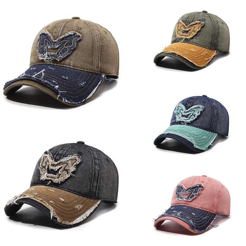 Casquette Baseball Rétro En Denim Avec Papillon Brodé, Tissu Coton Lavé, Bord Courbé, Ajustable Pour Tous Les Styles