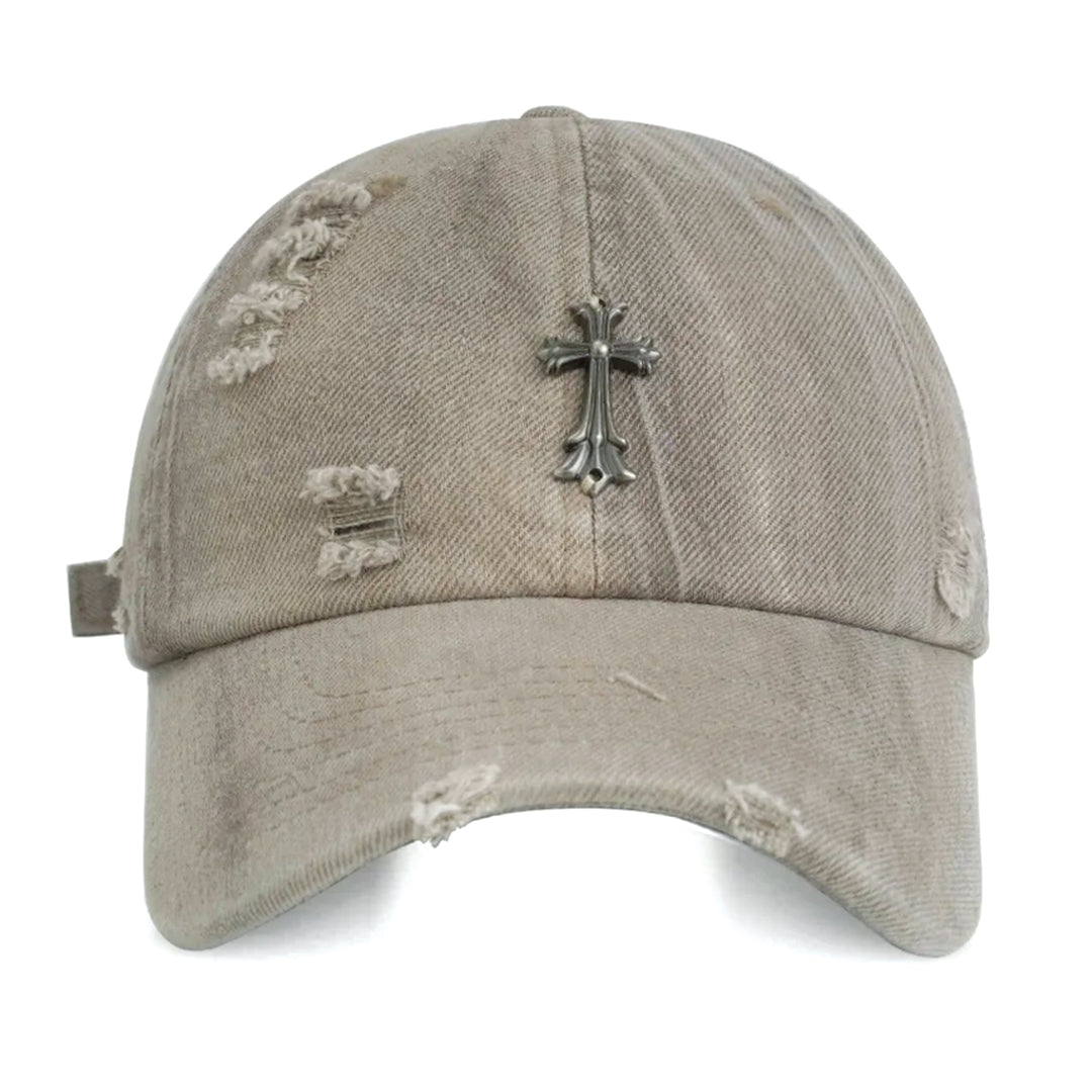 Casquette Baseball Denim Distress Avec Emblème Croix Sur Couronne En Coton Et Métal Lanière Réglable