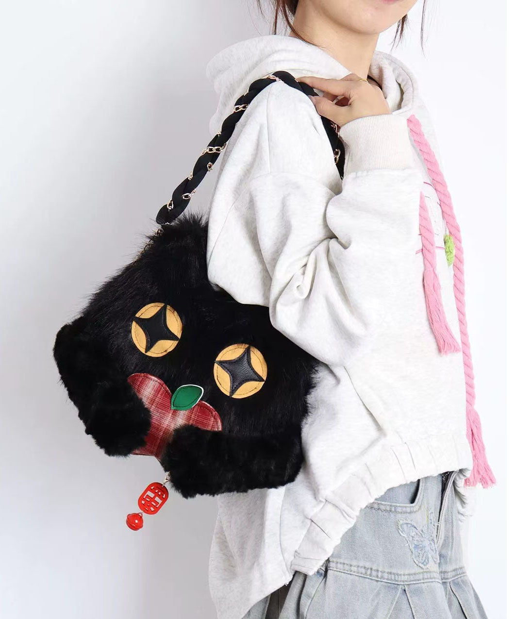 Sacs à bandoulière en fourrure duveteuse en forme de chat noir mignon - Amawinc