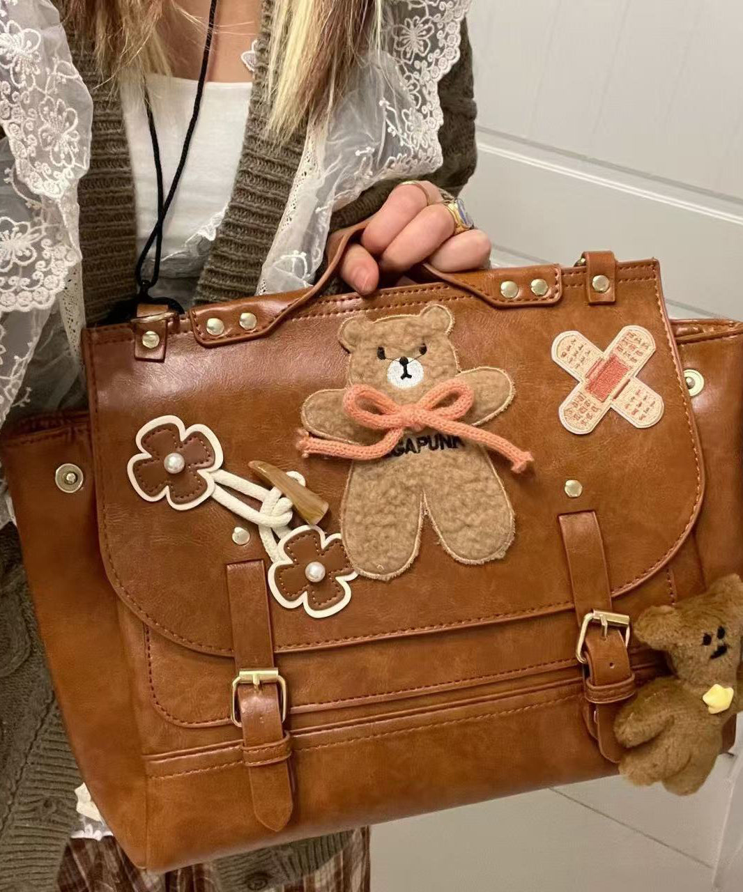 Sac à dos en similicuir avec motif ours brun - Amawinc