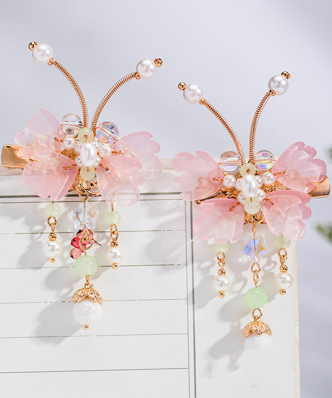 Jolie paire d'épingles à cheveux en alliage de cuivre rose avec perles et pompons papillon pour enfants - Amawinc