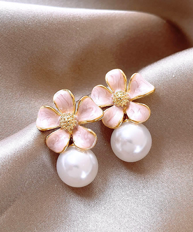 Boucles d'oreilles puces mignonnes en alliage de métal rose avec perles et effet floral coulant - Amawinc