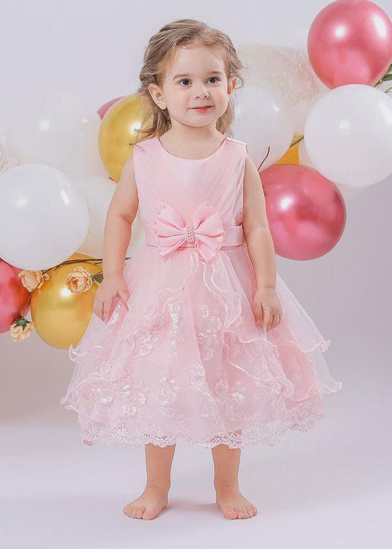 Jolie robe longue rose en tulle brodé à col rond pour fille, sans manches - Amawinc