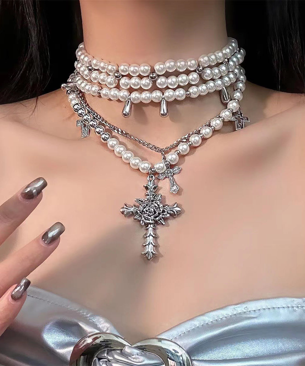 Joli collier de perles blanches en alliage multicouches avec croix graduée - Amawinc