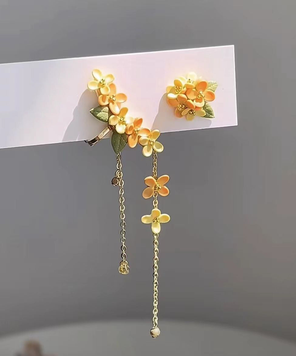 Boucles d'oreilles pendantes à pompon en alliage jaune avec motif osmanthus - Amawinc