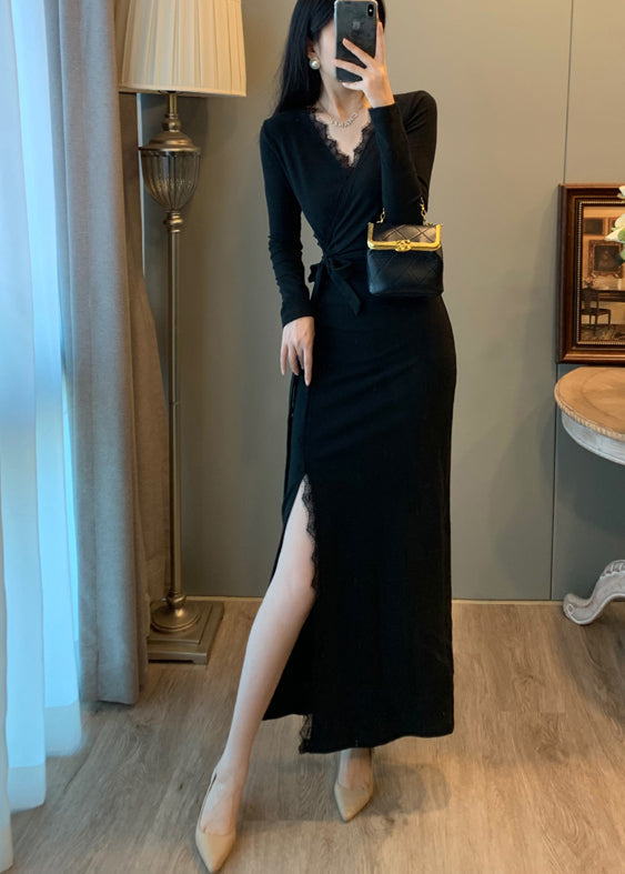 Robe longue à col montant et à ouverture latérale en patchwork de cils noirs - Amawinc