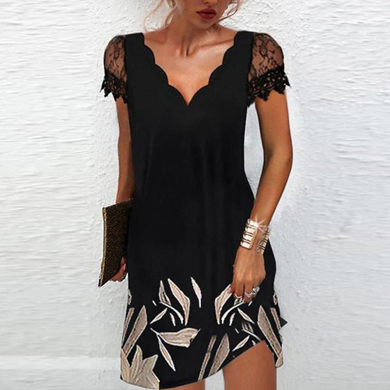 Amawinc Robe Mini Femme Col V Scallopé Bordures Scallopées Manches Courtes Pour Brunch Et Soirée