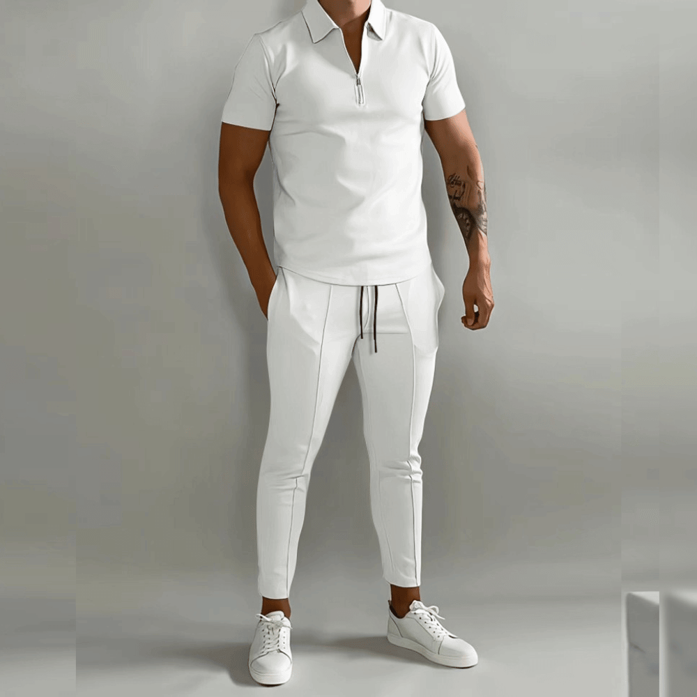 Ensemble Deux Pièces Paul Pour Homme Bleu Marine Polo Zip À Manches Courtes Pantalon Cintré