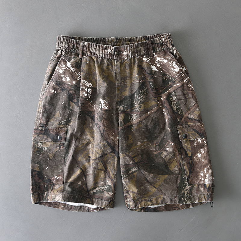 District Nine Short Camouflage Distress Avec Poches Cargo Et Taille Élastique Avec Bouton