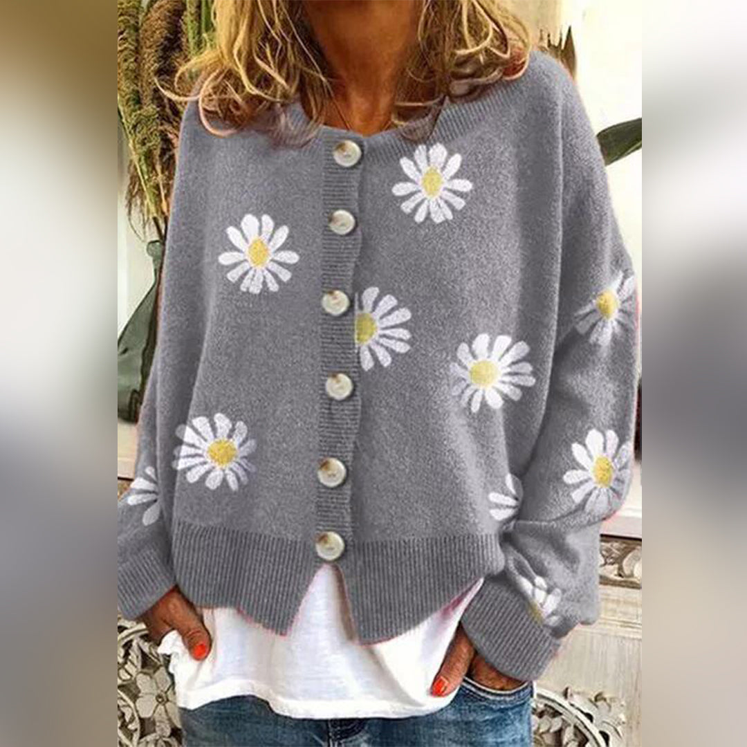 Margaret Cardigan Hiver À Boutons Décontracté Pour Femmes Motif Florale Marguerites Chic