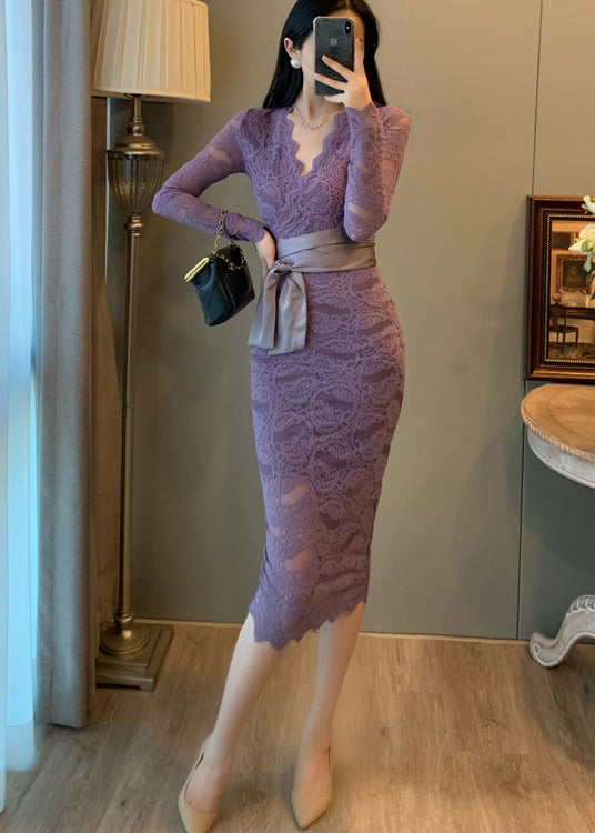 Robe de soirée élégante en dentelle lavande à col en V et taille nouée pour l'été - Amawinc