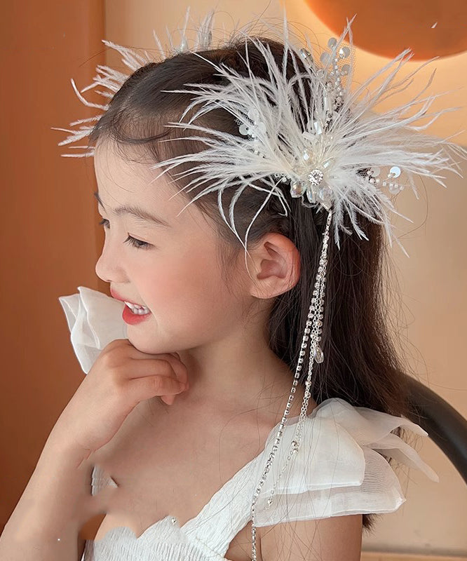 Élégante épingle à cheveux en alliage blanc avec plumes, perles, paillettes et pompons pour filles - Amawinc