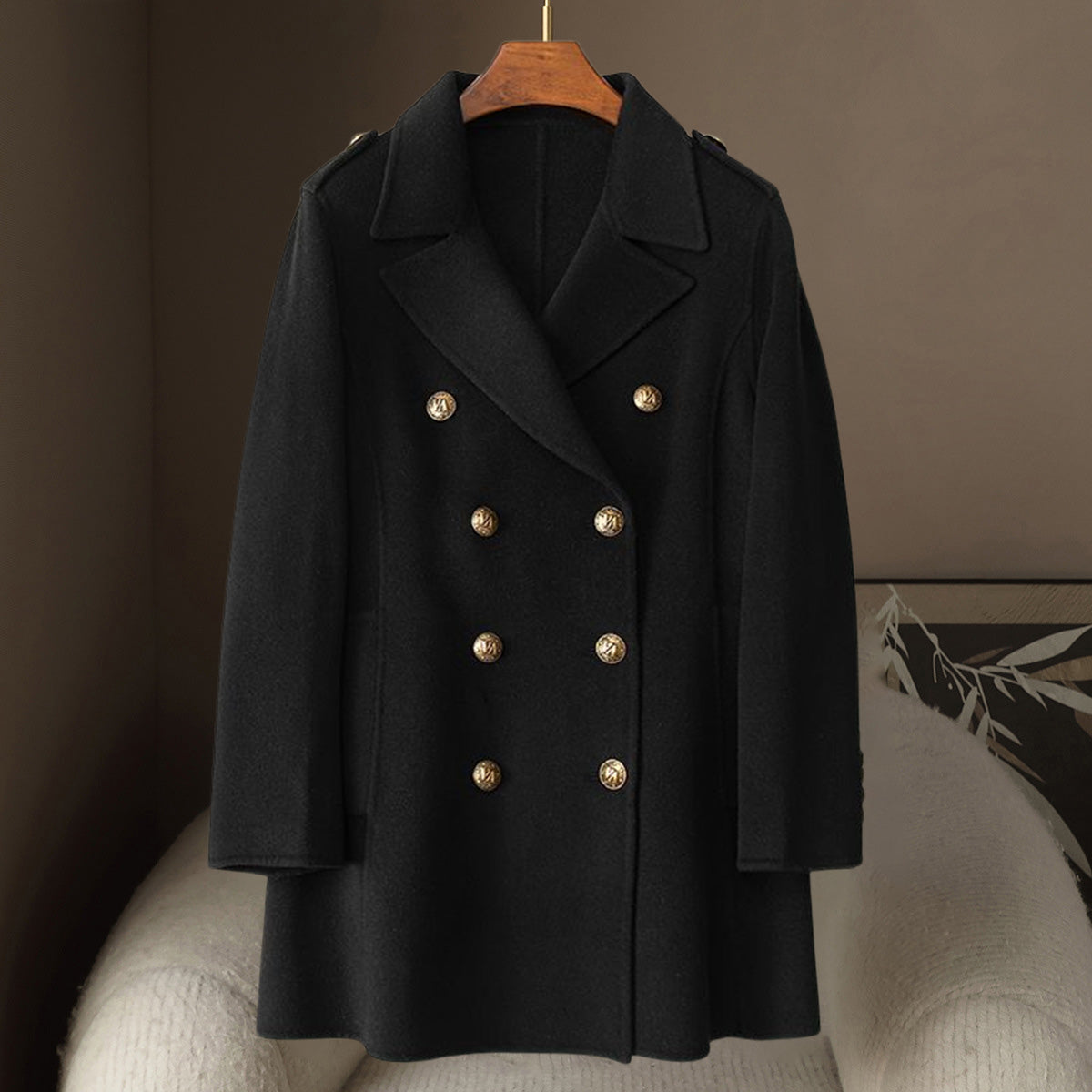 Manteau Femme En Laine Cachemire Élégant À Mi Longueur Col Costume Et Boutonnage Double Pour Un Style Sobre