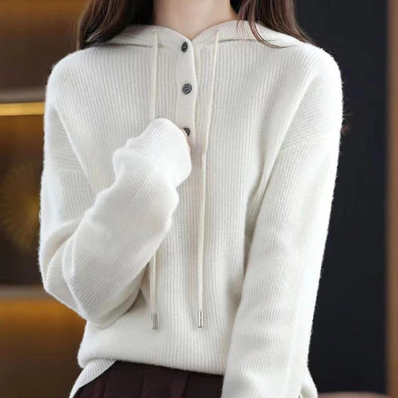 Pull Cachemire Elise Leroy Luxe Avec Capuche Décolleté En V Boutons Et Cordon Pour Style Décontracté