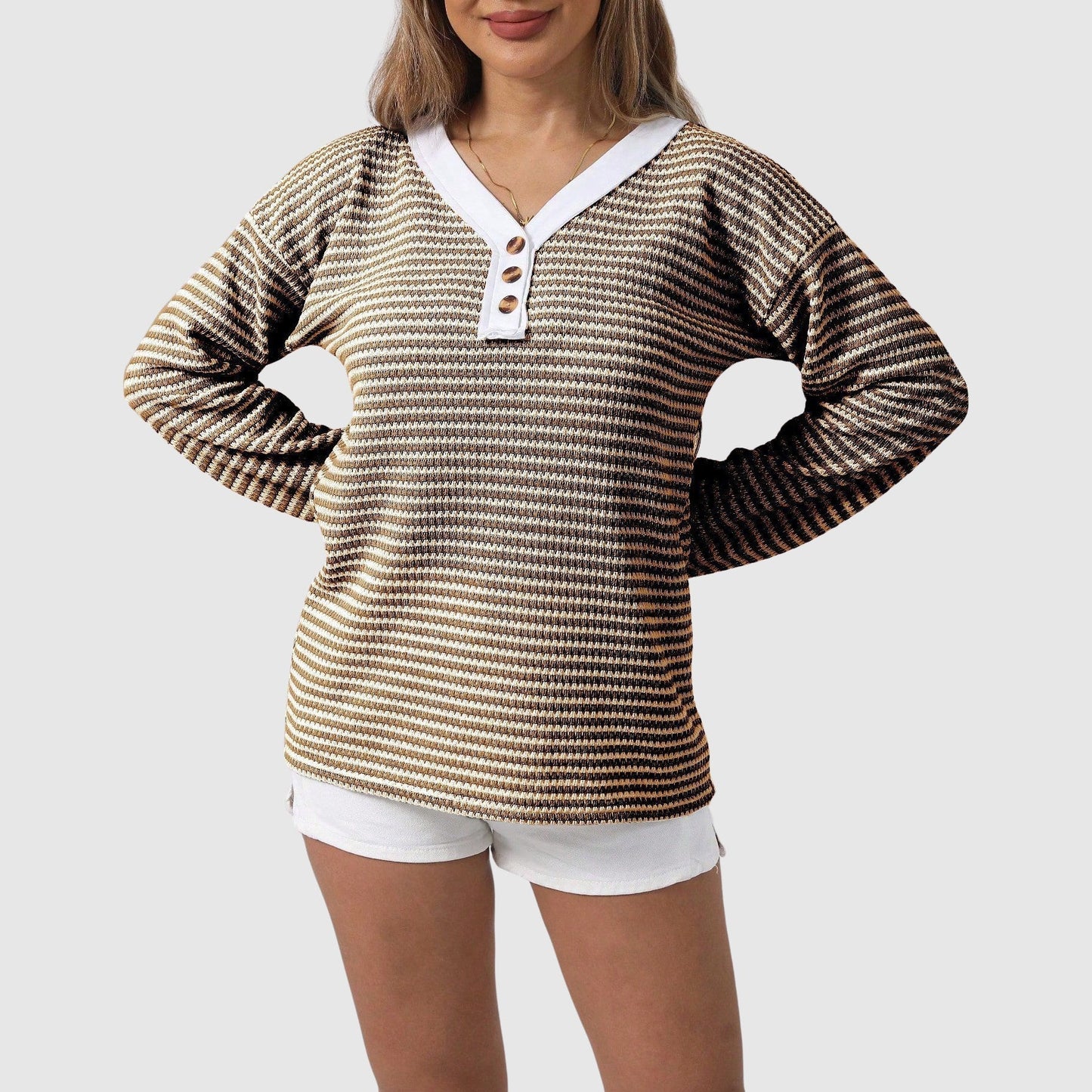 Pull Elise Leroy Col V Moderne Avec Boutons Et Couture Bicolore Pour Automne Confortable Et Chic