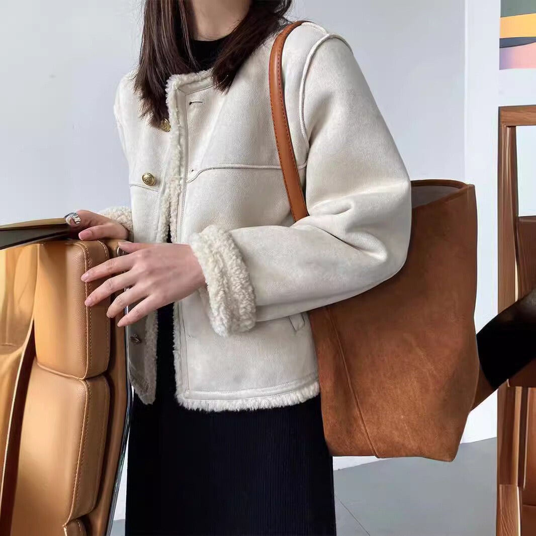 Veste Femme Coupe Boxy Effet Suédé Doublure Sherpa Boutons Métal Devant Pour Automne Hiver Confortable Chic