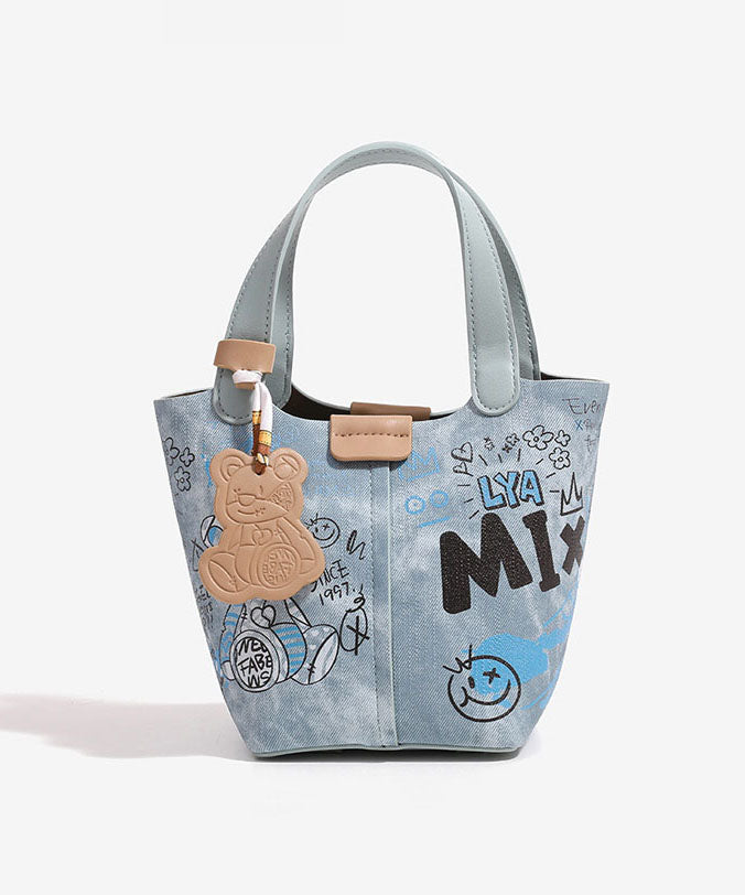 Sac seau en denim patchwork à imprimé bleu tendance - Amawinc