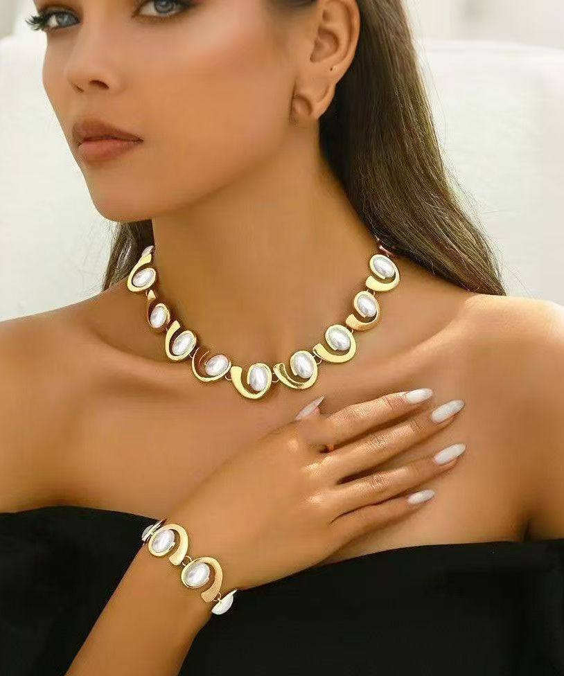 Ensemble deux pièces collier et bracelet chaîne en cuivre doré tendance - Amawinc