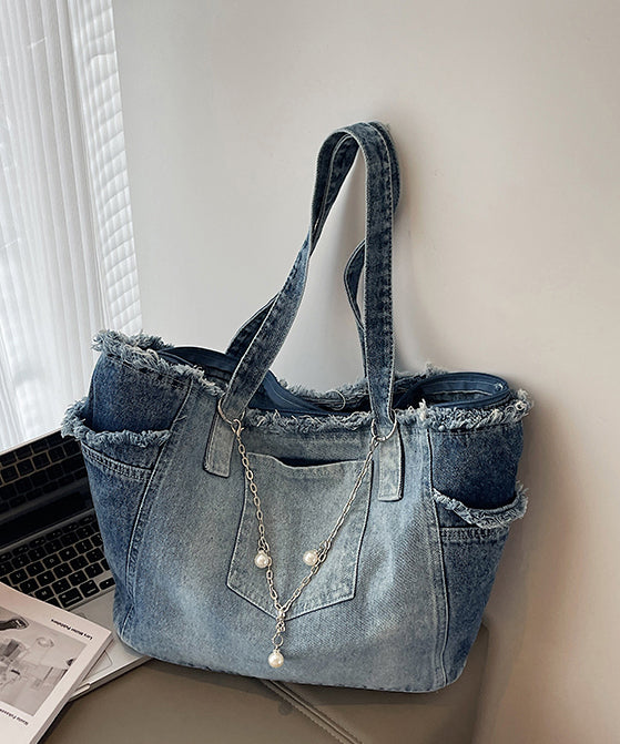 Sacs à bandoulière en denim bleu dégradé à pompons, grande capacité - Amawinc