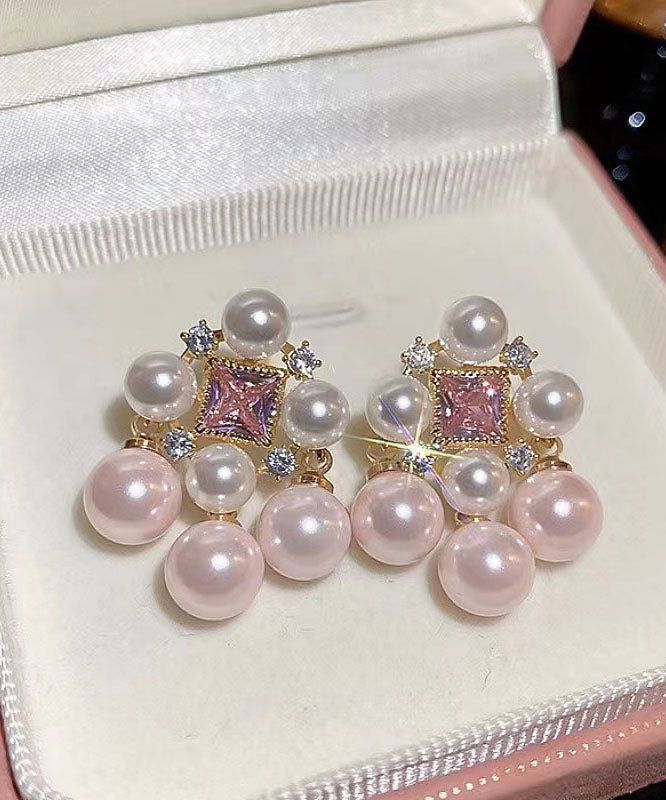 Boucles d'oreilles à tige creuses en alliage rose clair avec perles de zircone - Amawinc
