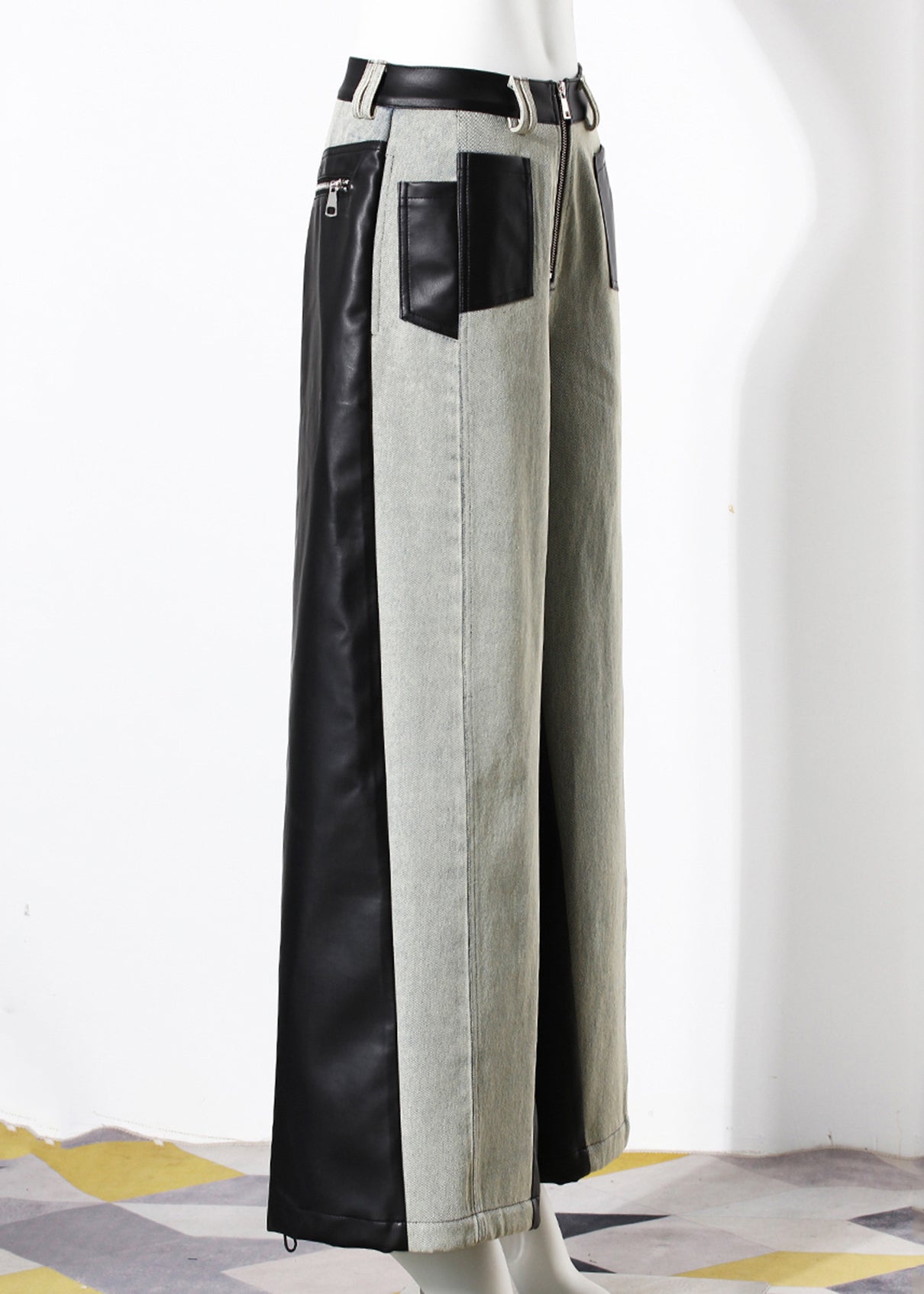 Pantalon large en denim patchwork similicuir avec poches tendance Automne - Amawinc