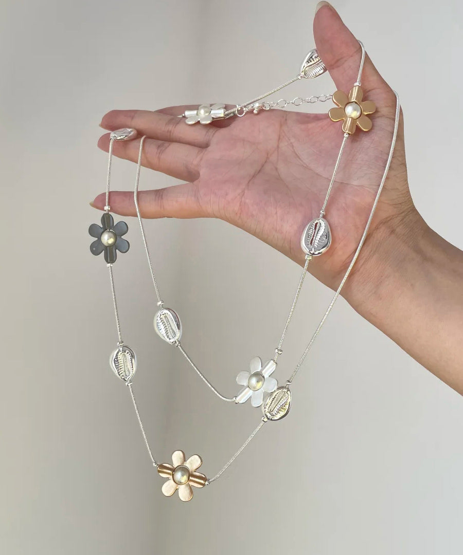 Collier de perles florales graduées en alliage métallique arc-en-ciel à la mode avec zircon - Amawinc