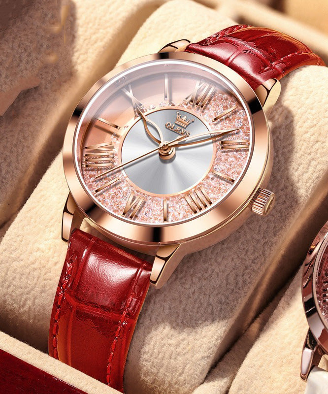 Montre à quartz en cuir rouge avec zircons dorés et étanche - Amawinc