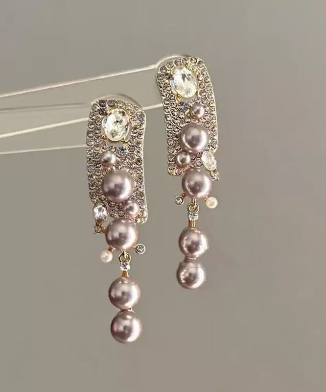 Boucles d'oreilles pendantes à pampilles en alliage de zircon et perles roses tendance - Amawinc