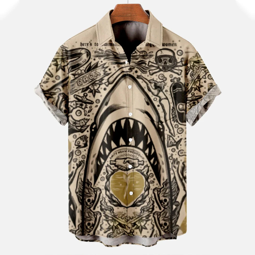 Felix Grant Chemise Lagune Cristalline Imprimé Requin Manches Courtes Bouton Mélange Polyester