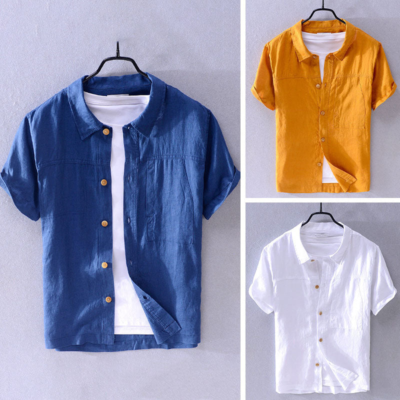 Chemise En Lin Été Felix Grant Col À Revers Manches Courtes Fermeture Par Boutons Tissu Respirant