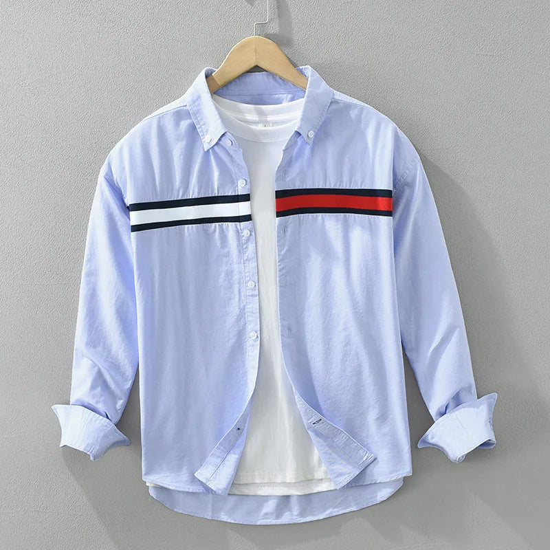 Felix Grant Stargazer Chemise Boutonnée Décontractée Col Revers Coton Mélangé Blanc Bleu Bloc Rouge Devant
