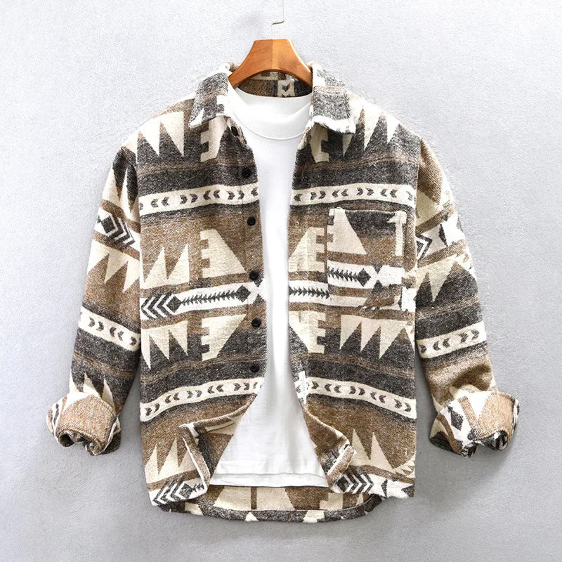 Cardigan Felix Grant Tribal Echo En Laine Chaude Pour Printemps Avec Col Revers Boutonnage Simple Motif Culturel