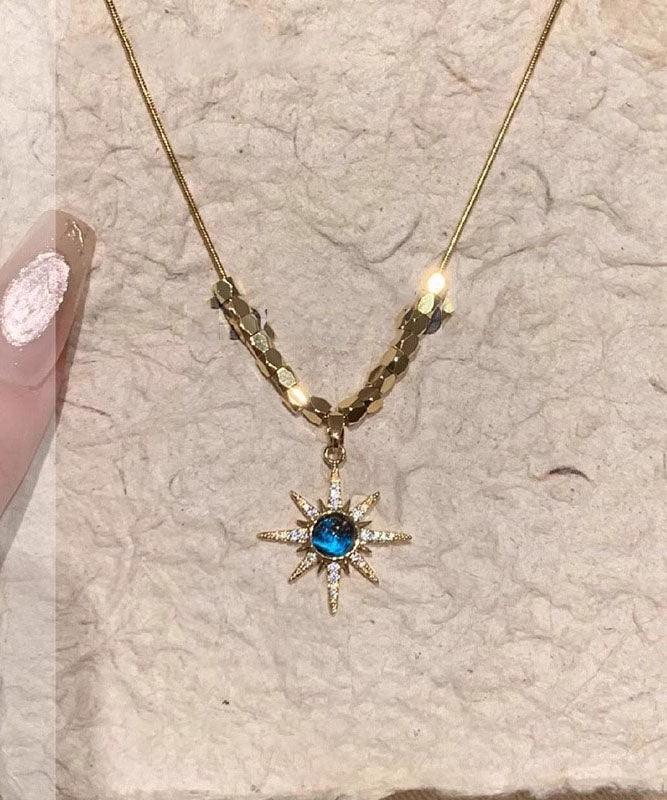 Collier pendentif étoile à huit barbes en cuivre bleu fin sur zircon doré - Amawinc