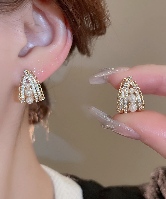 Boucles d'oreilles à tige en or fin, cuivre, perle et zircon - Amawinc