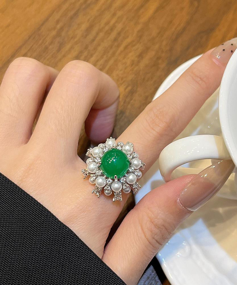 Bagues en alliage vert fin avec perles de jade et zircon - Amawinc