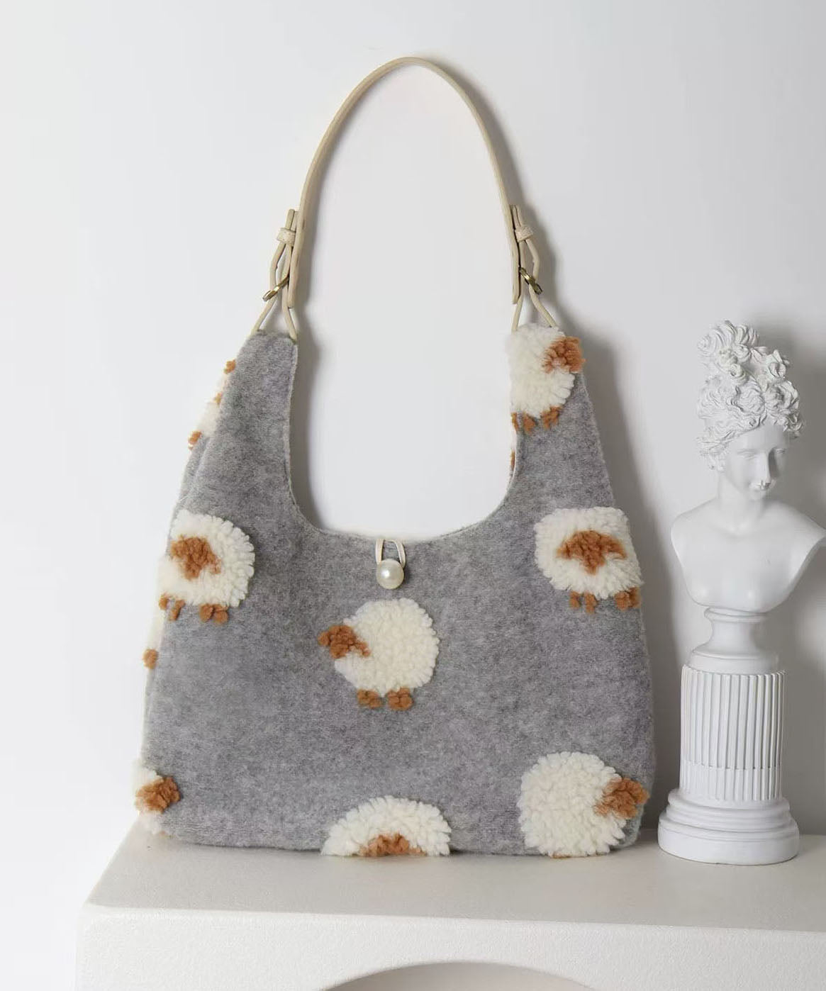 Sacs à bandoulière en fourrure de mouton jacquard gris fin et duveteux - Amawinc