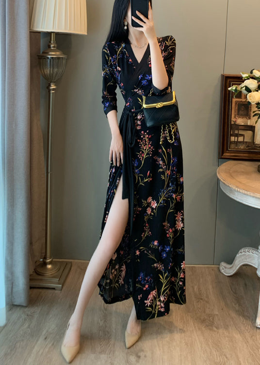 Robe longue noire ajustée à imprimé tunique et ouverture latérale pour l'été - Amawinc