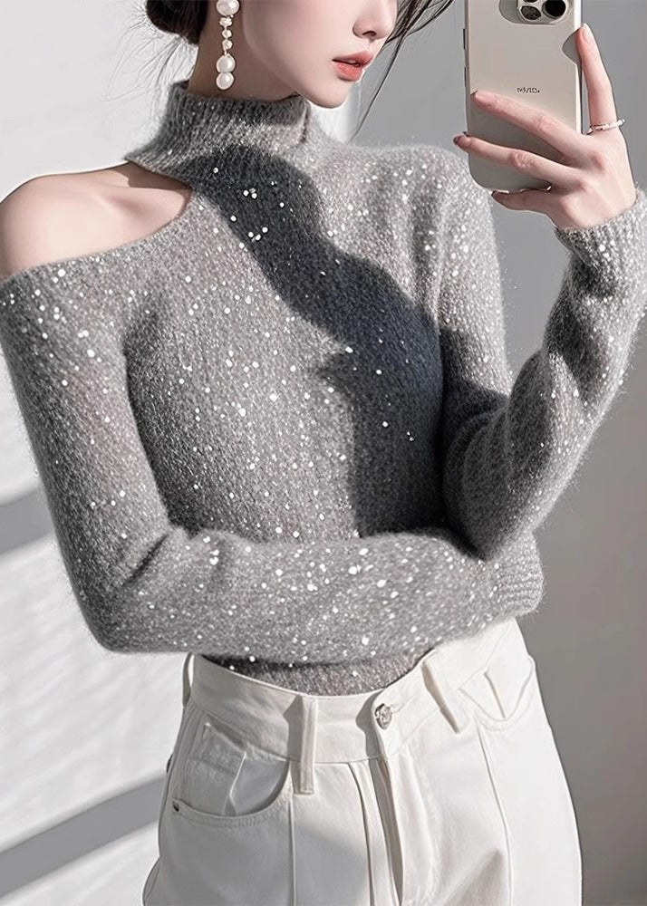 Pulls en tricot gris ajustés à épaules dénudées et paillettes, printemps - Amawinc