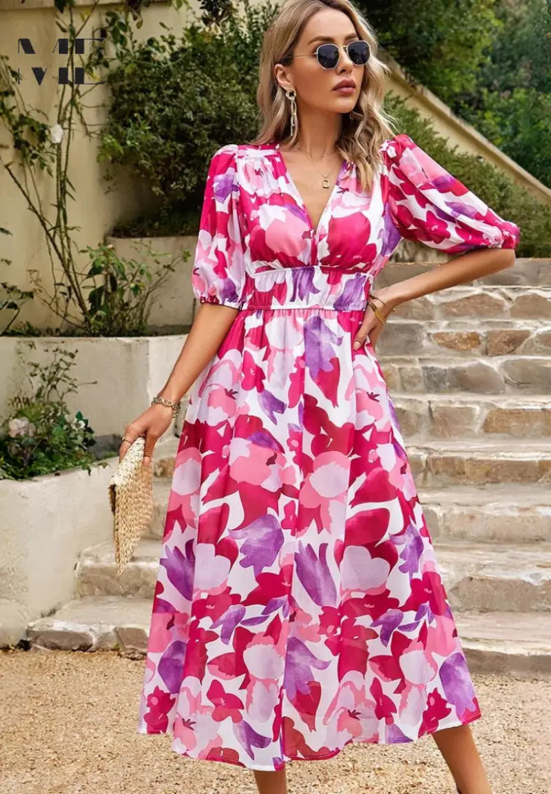 Robe Midi Florale pour Femme Élégante et Décontractée avec Motif Floral Vivant pour Printemps Été