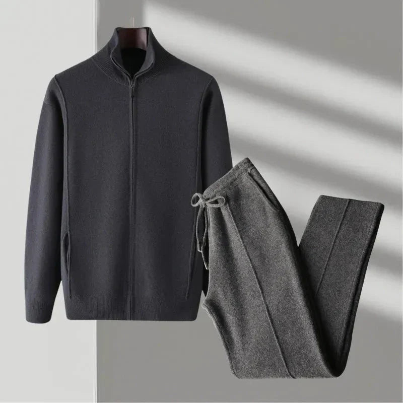 Ensemble En Laine Mérinos Franklin Veste Zippée À Côtes Poches Latérales Pantalon Assorti À Taille À Cordon