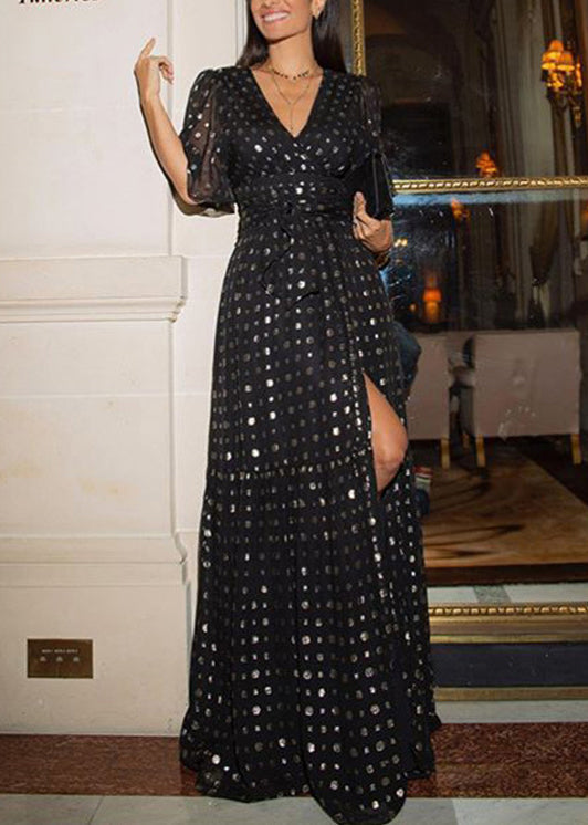 Robe de soirée en mousseline de soie noire à col en V et ourlet extra large pour l'été - Amawinc