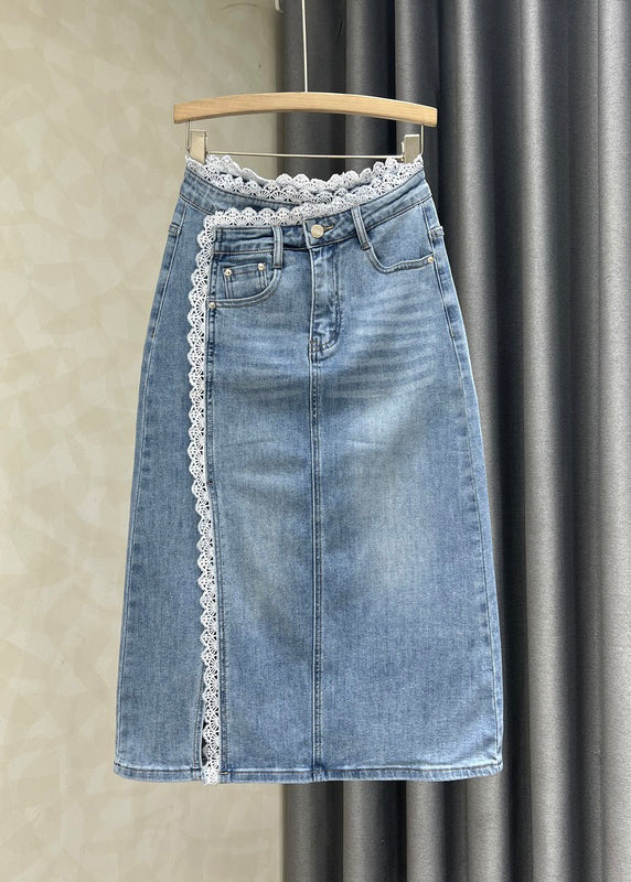 Jupes en jean patchwork en dentelle bleue française ouvertes sur le côté pour l'automne - Amawinc
