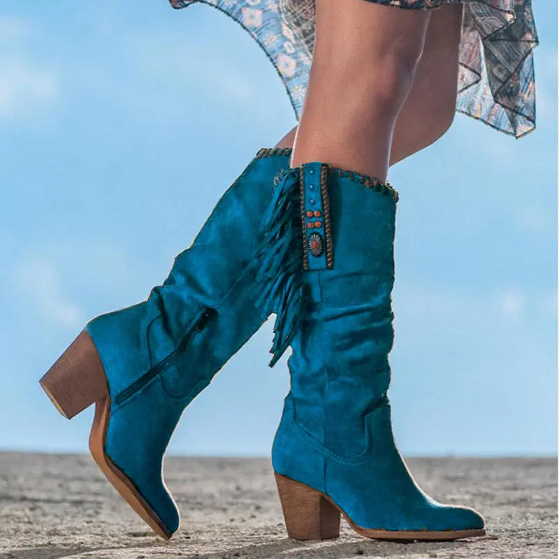 Bottes Hautes à Franges Pour Femme Amawinc en Suède Premium Style Unique Confort Avec Talons 6 à 8 cm