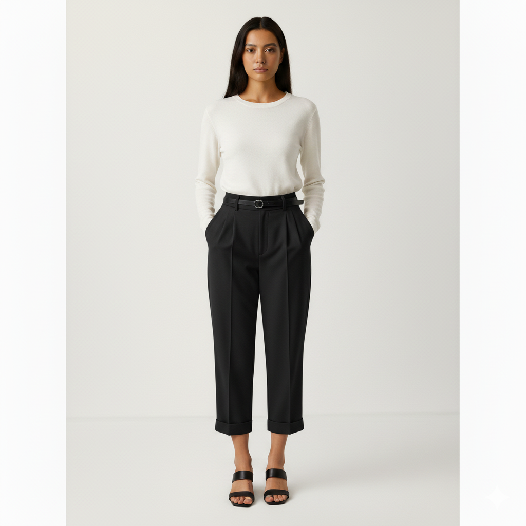 Pantalon Tailleur Pour Femme Taille Haute Coupe Droite Courte Avec Ceinture Amovible Et Plis