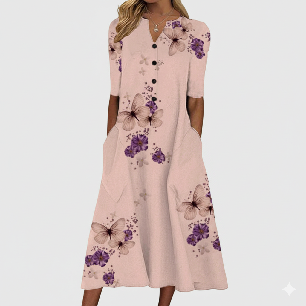 Robe Midi Femme Col V Bouton Devant Manche Courte Coupe Décontractée Mélange Coton Amawinc