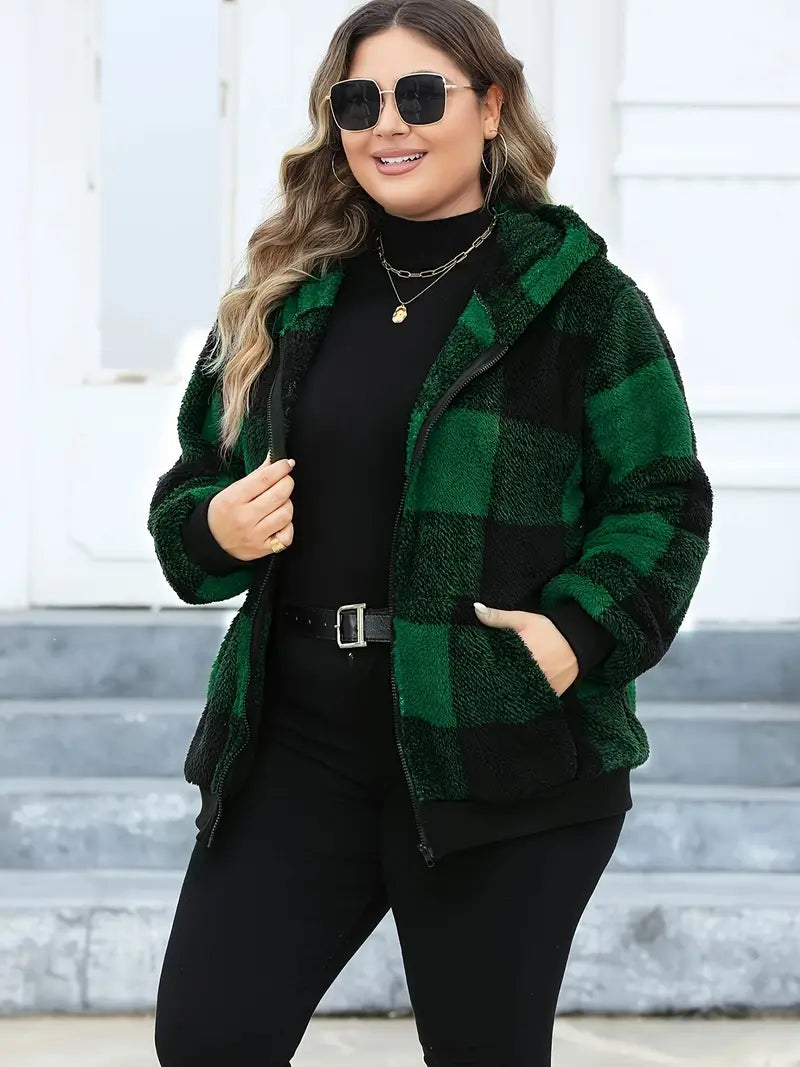 Yunia Fuzzy Plaid Hooded Coat with Pockets