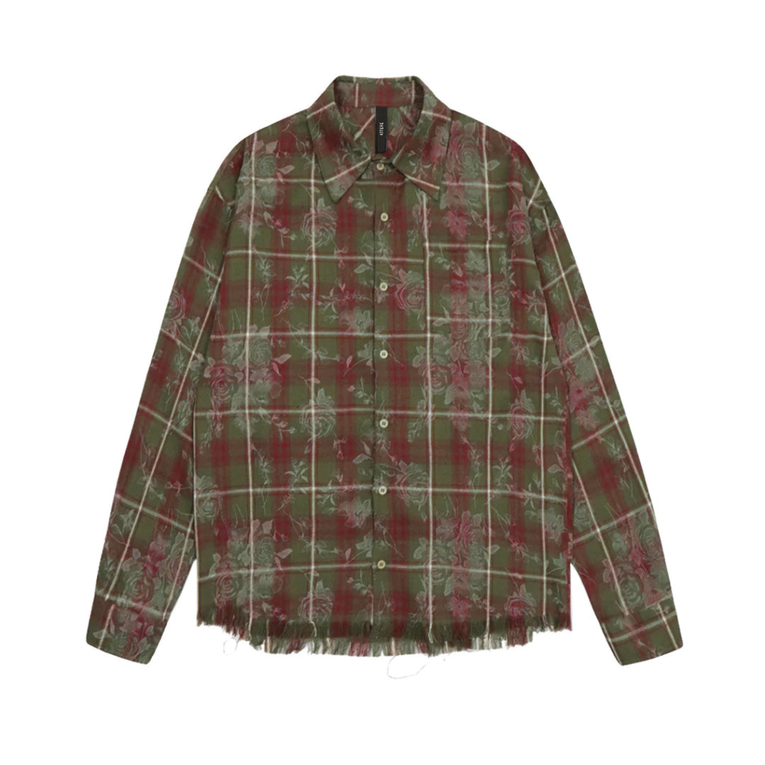 Chemise Patchwork À Carreaux Rose Avec Détails Frayés Et Overlay De Rose En Coton 100 Pourcent