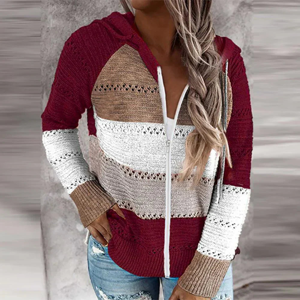Pull Femme Nordisk Flair Capuche Tricot Coton Coupe Décontractée Col En V Motif Texturé Confortable