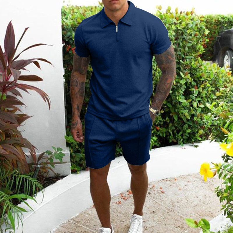Ensemble Polo et Short Beige Pour Homme à Col Zippé Coupe Classique Été Décontracté